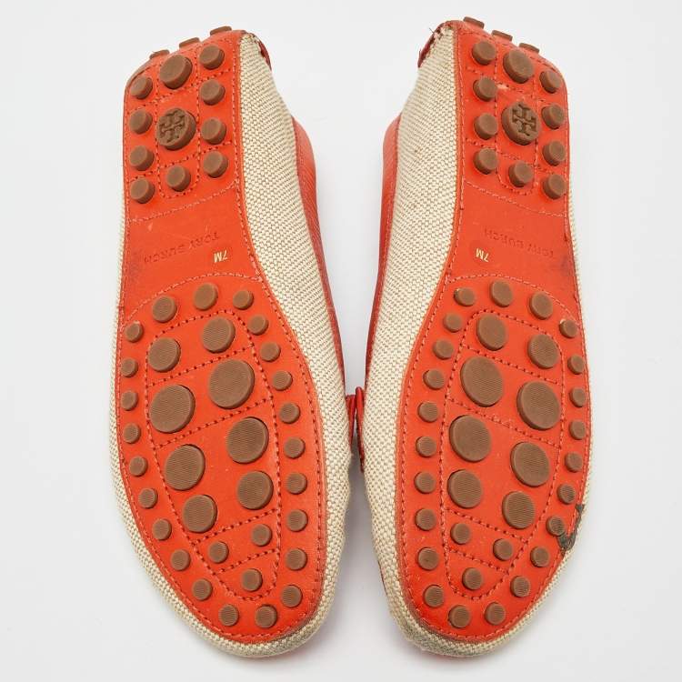 Pre Owned Tory Burch Beige/Orange Canvas and Leather Casey Loafers Size 37.5