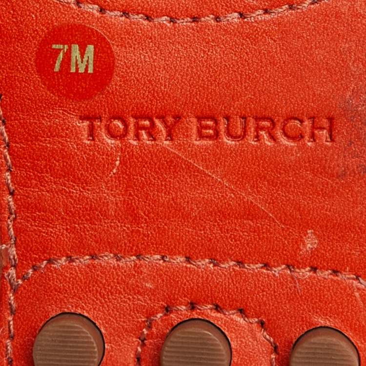 Pre Owned Tory Burch Beige/Orange Canvas and Leather Casey Loafers Size 37.5