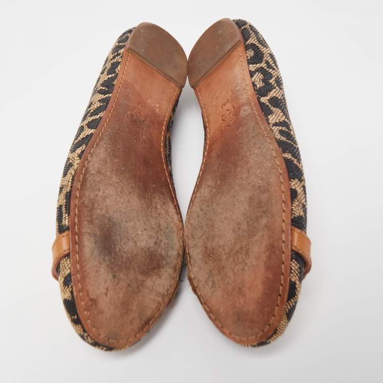 Pre Owned Tory Burch Black/Brown Printed Straw and Leather Aaden Ballet Flats Size 38.5