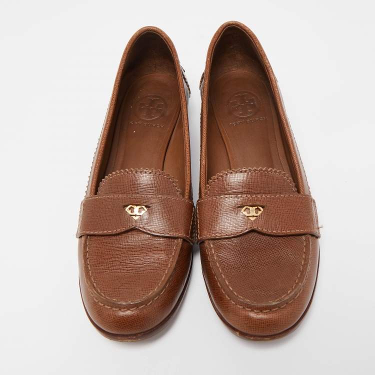 Pre Owned Tory Burch Brown Leather Penny Loafers Size 38.5