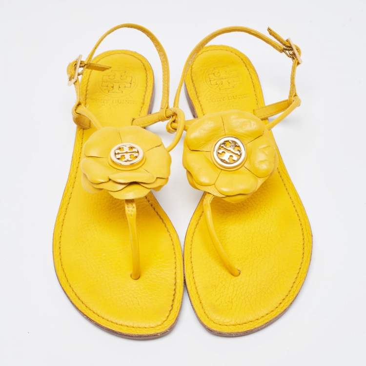 Pre Owned Tory Burch Yellow Leather Flower Thong Flat Sandals Size 37