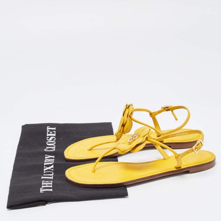 Pre Owned Tory Burch Yellow Leather Flower Thong Flat Sandals Size 37