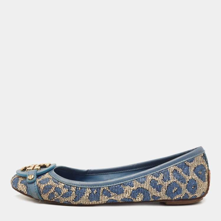 مملوكة مسبقًا Tory Burch Blue Raffia and Leather Minnie Ballet Flats Size 36.5