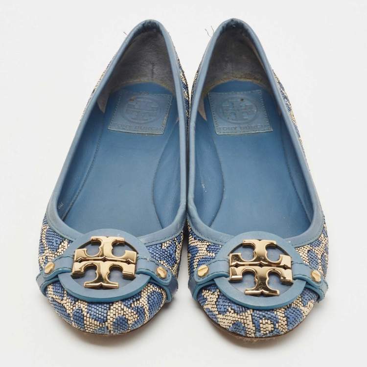 مملوكة مسبقًا Tory Burch Blue Raffia and Leather Minnie Ballet Flats Size 36.5