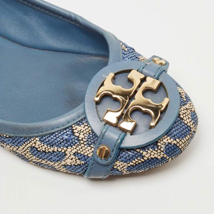 مملوكة مسبقًا Tory Burch Blue Raffia and Leather Minnie Ballet Flats Size 36.5