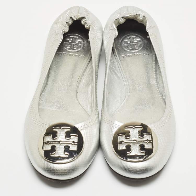 Pre Owned Tory Burch Silver Leather Lowell Scrunch Ballet Flats Size 36.5