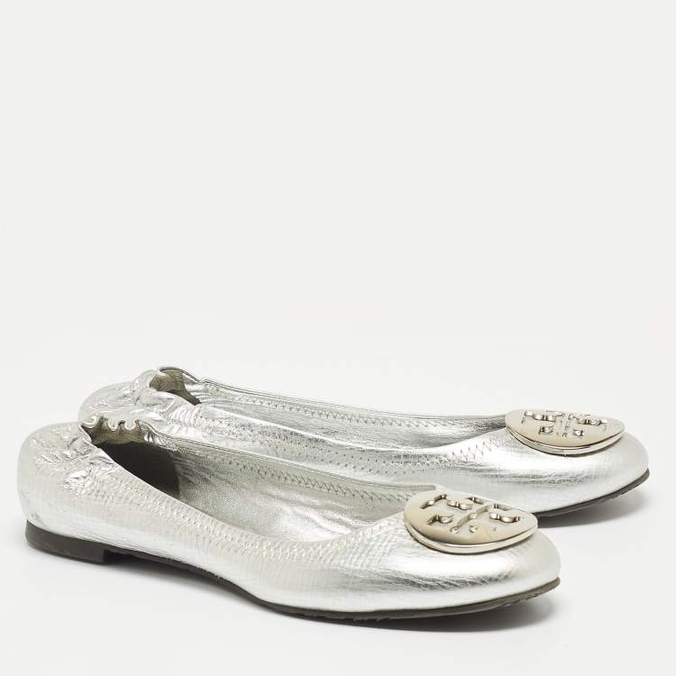 Pre Owned Tory Burch Silver Leather Lowell Scrunch Ballet Flats Size 36.5