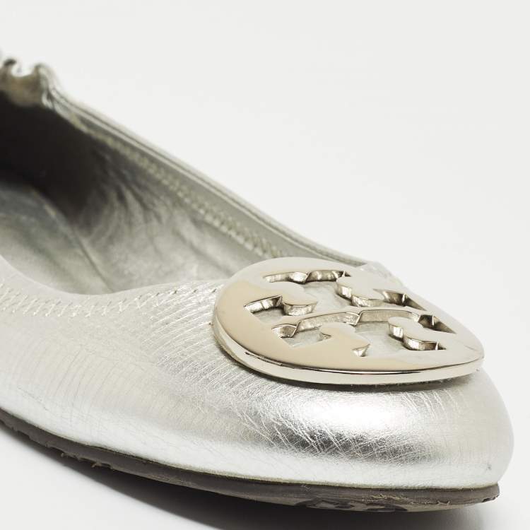 Pre Owned Tory Burch Silver Leather Lowell Scrunch Ballet Flats Size 36.5