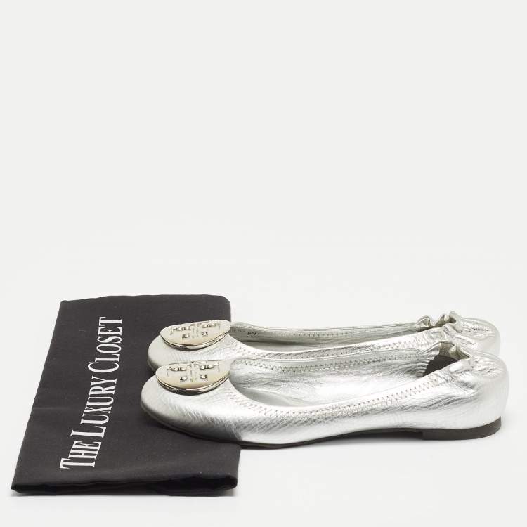 Pre Owned Tory Burch Silver Leather Lowell Scrunch Ballet Flats Size 36.5