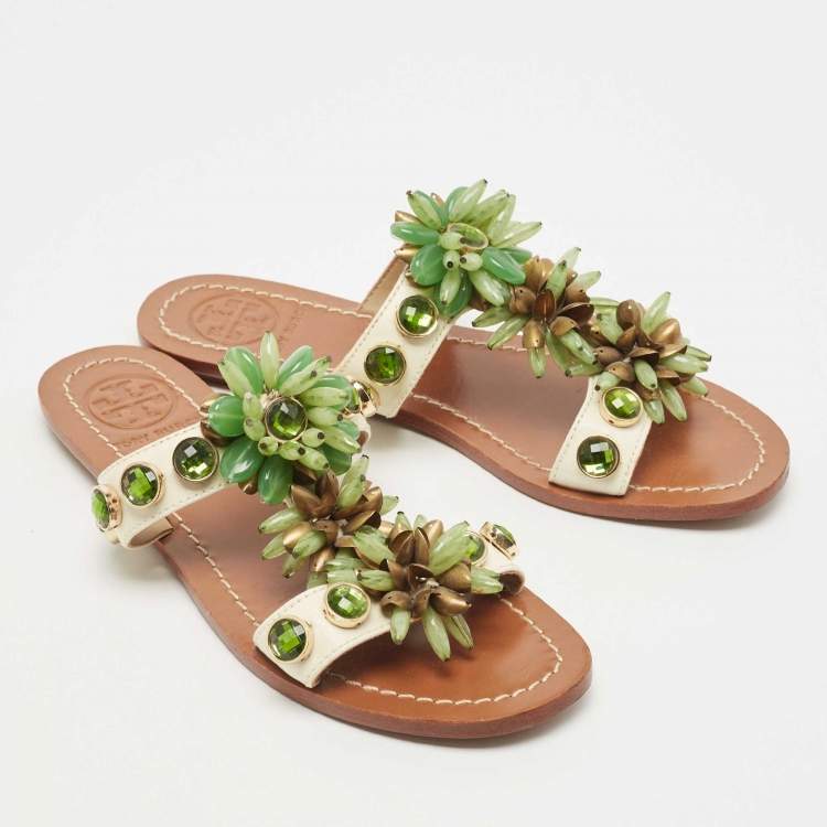 Pre Owned Tory Burch White Patent Leather Floral Crystals Studded Flat Slides Size 36 