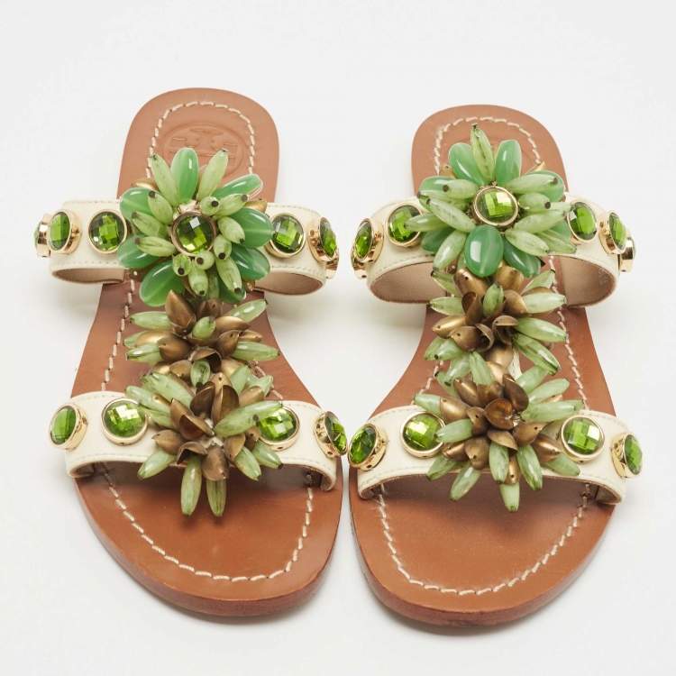Pre Owned Tory Burch White Patent Leather Floral Crystals Studded Flat Slides Size 36 