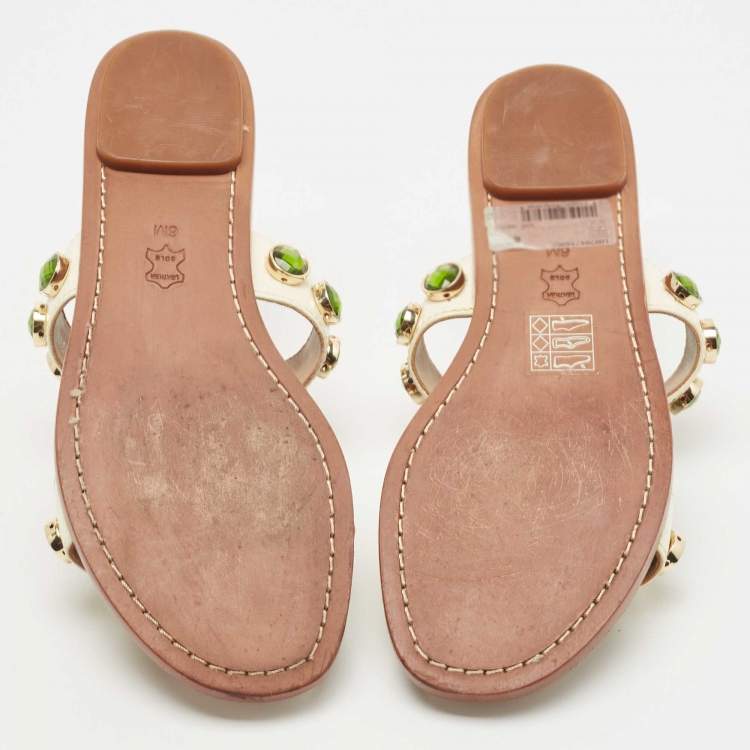 Pre Owned Tory Burch White Patent Leather Floral Crystals Studded Flat Slides Size 36 