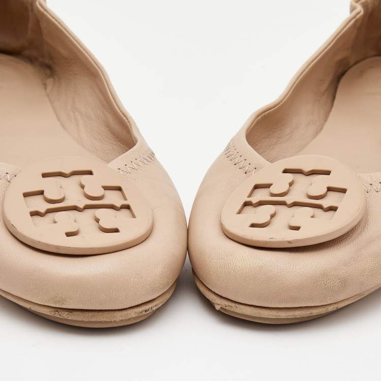 Pre Owned Tory Burch Beige Leather Caroline Ballet Flats Size 37.5