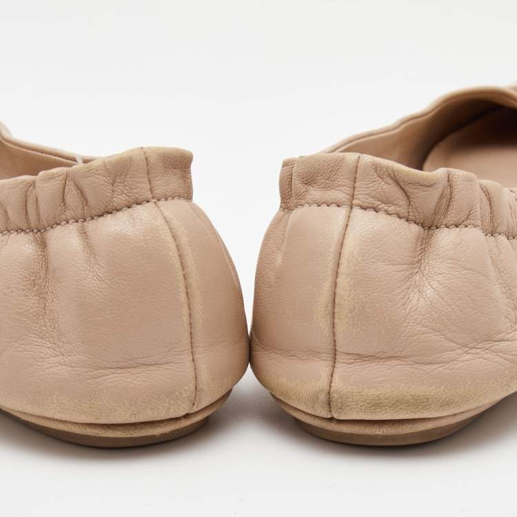 Pre Owned Tory Burch Beige Leather Caroline Ballet Flats Size 37.5