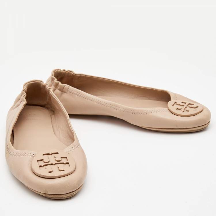 Pre Owned Tory Burch Beige Leather Caroline Ballet Flats Size 37.5