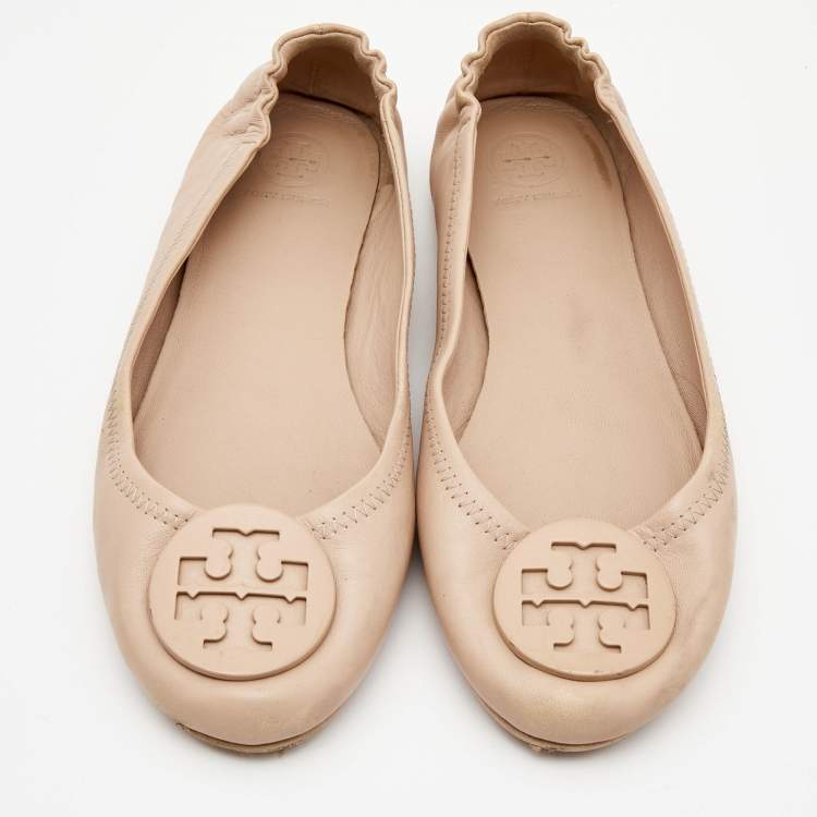 Pre Owned Tory Burch Beige Leather Caroline Ballet Flats Size 37.5