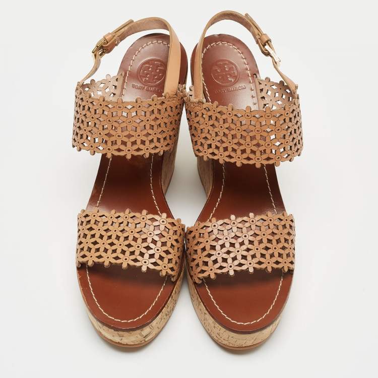 Pre Owned Tory Burch Brown Leather Daisy Wedge Sandals Size 41