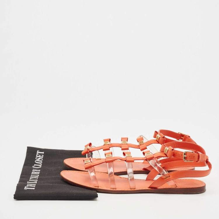 مملوكة مسبقًا Tory Burch Orange Leather and PVC Kira Bow Flat Sandals Size 41.5 