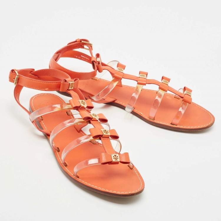 مملوكة مسبقًا Tory Burch Orange Leather and PVC Kira Bow Flat Sandals Size 41.5 