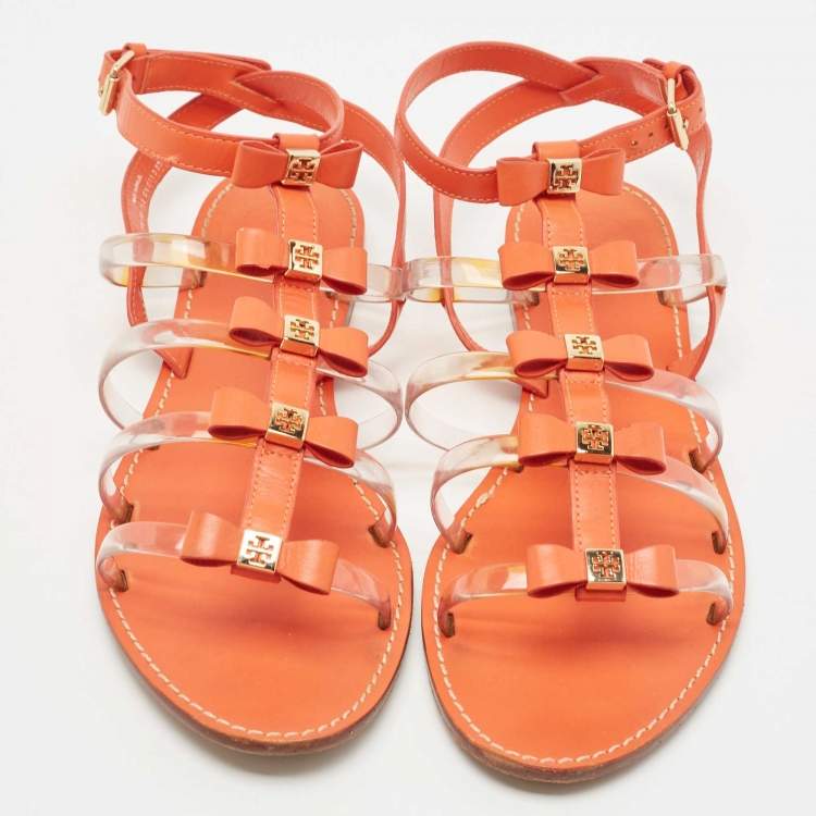 مملوكة مسبقًا Tory Burch Orange Leather and PVC Kira Bow Flat Sandals Size 41.5 