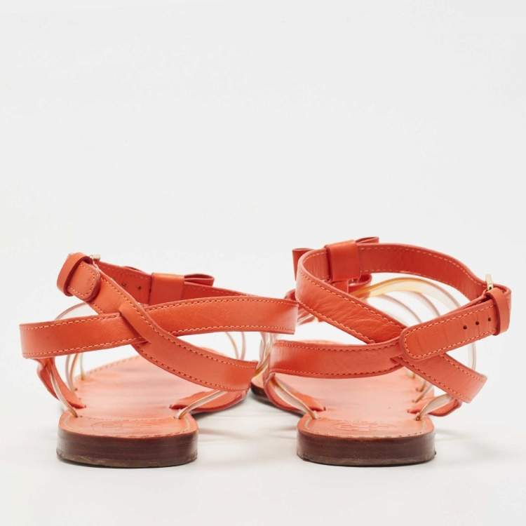 مملوكة مسبقًا Tory Burch Orange Leather and PVC Kira Bow Flat Sandals Size 41.5 