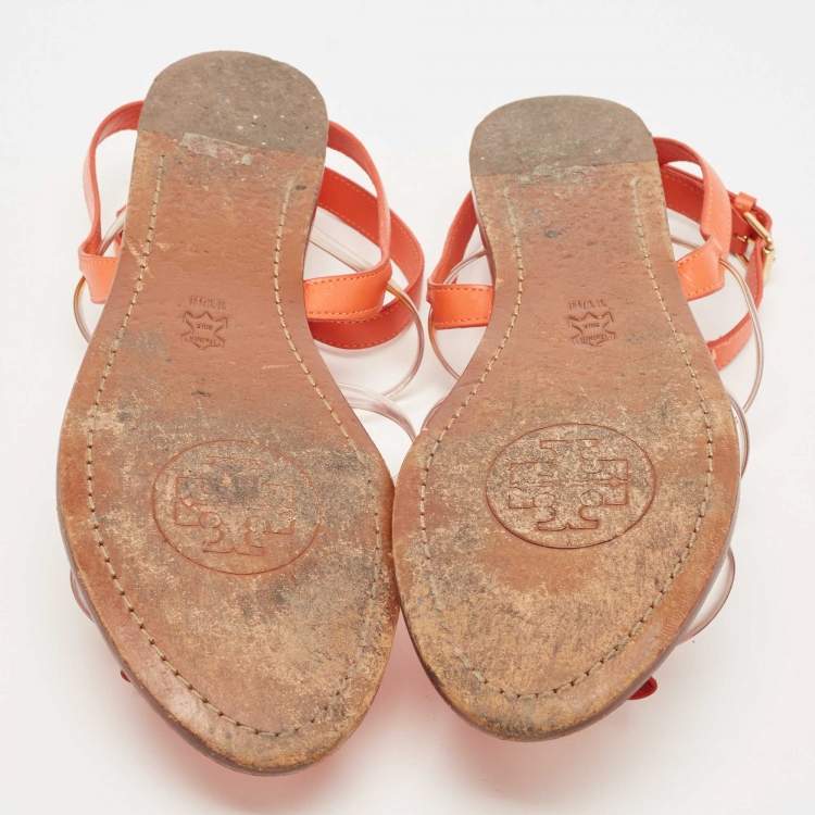 مملوكة مسبقًا Tory Burch Orange Leather and PVC Kira Bow Flat Sandals Size 41.5 