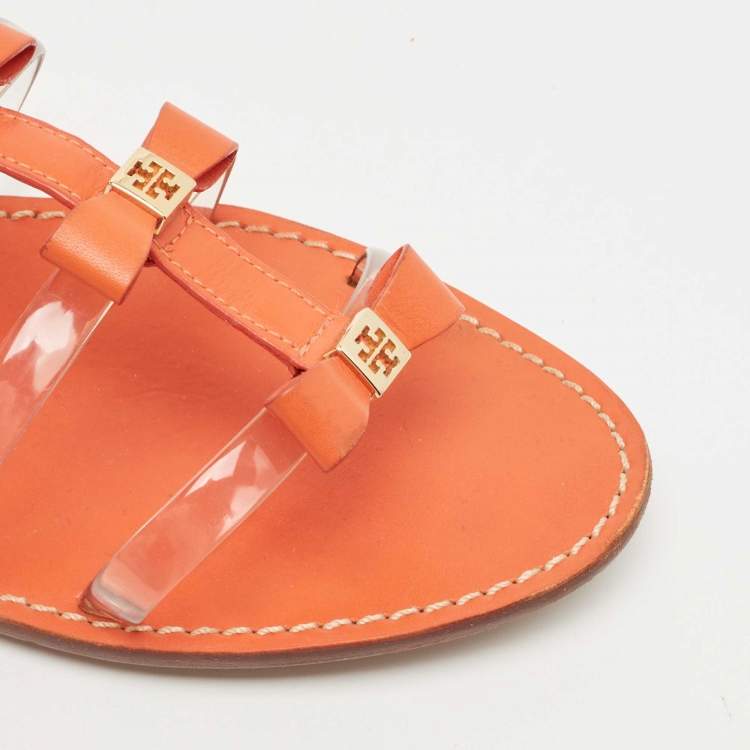 مملوكة مسبقًا Tory Burch Orange Leather and PVC Kira Bow Flat Sandals Size 41.5 