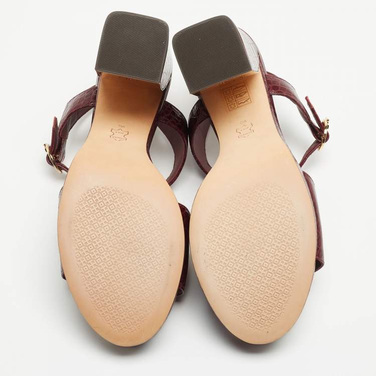 مملوكة مسبقًا Tory Burch Burgundy Croc Embossed Leather Maritine Sandals Size 39