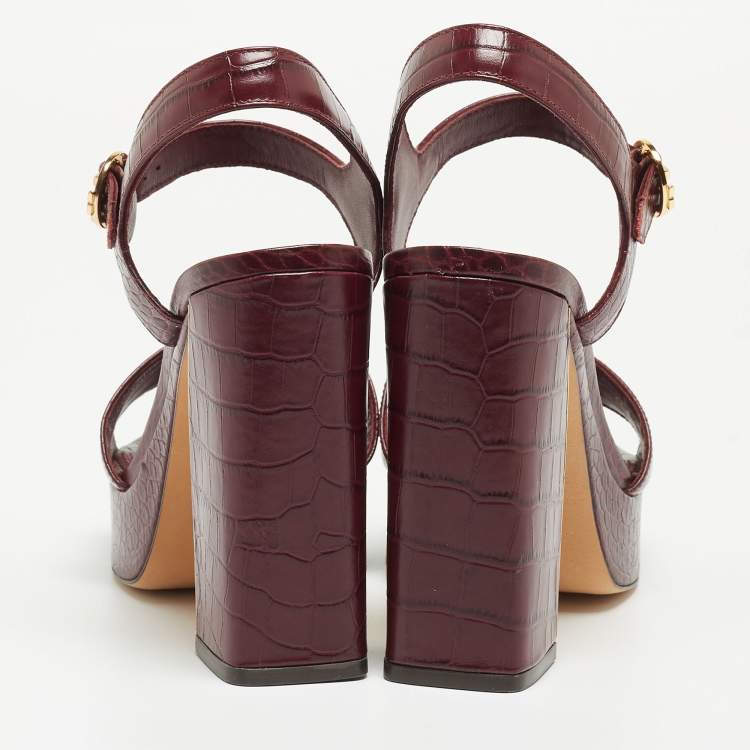 مملوكة مسبقًا Tory Burch Burgundy Croc Embossed Leather Maritine Sandals Size 39