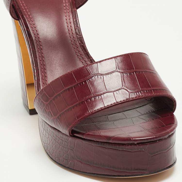 مملوكة مسبقًا Tory Burch Burgundy Croc Embossed Leather Maritine Sandals Size 39