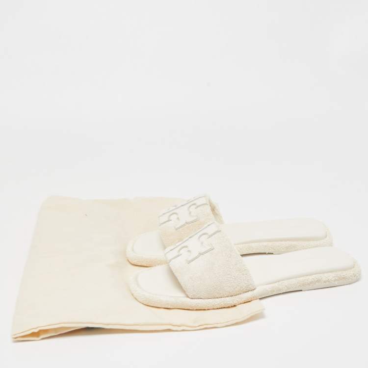 Pre Owned Tory Burch White Fabric Terry Logo Flat Slides Size 37