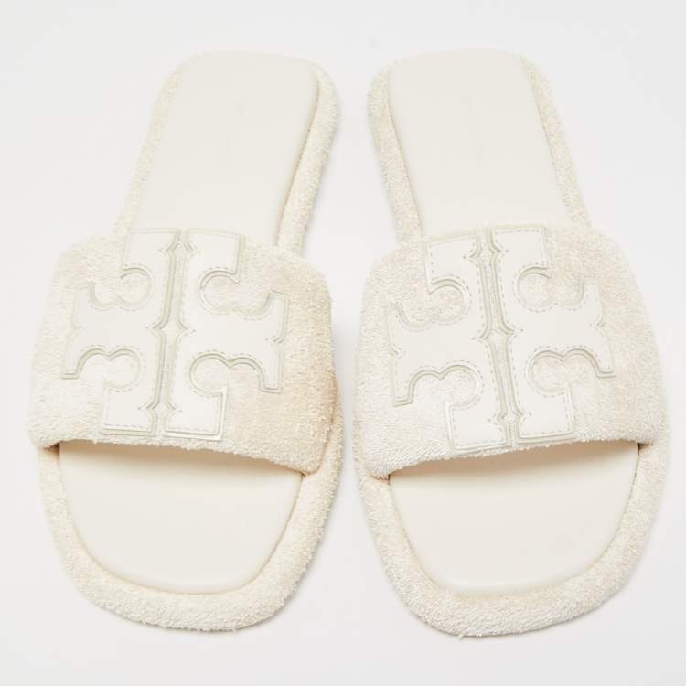 Pre Owned Tory Burch White Fabric Terry Logo Flat Slides Size 37