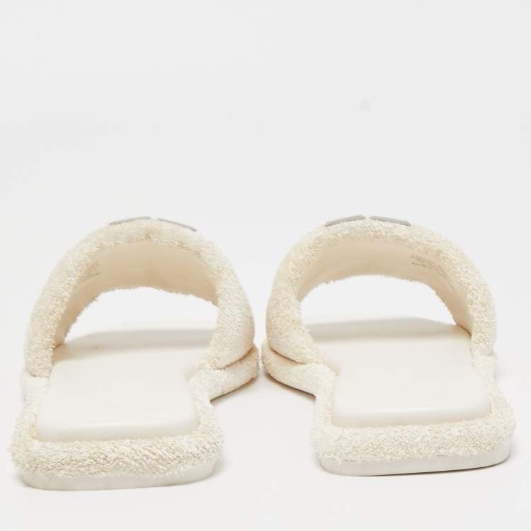 Pre Owned Tory Burch White Fabric Terry Logo Flat Slides Size 37