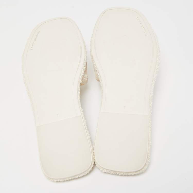 Pre Owned Tory Burch White Fabric Terry Logo Flat Slides Size 37