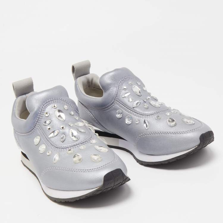 Pre Owned Tory Burch Metallic Grey Leather Laney Crystal Embellished Slip On Sneakers Size 37.5