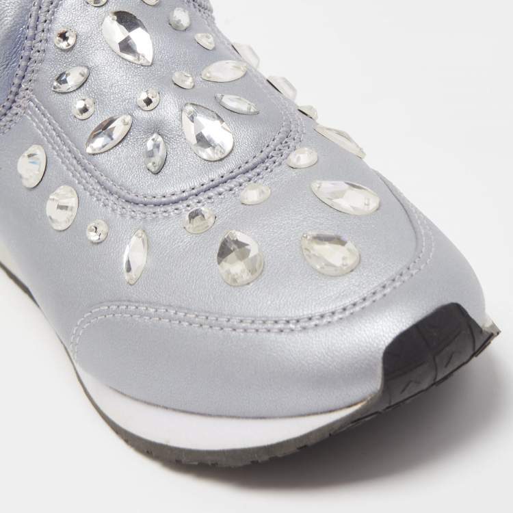 Pre Owned Tory Burch Metallic Grey Leather Laney Crystal Embellished Slip On Sneakers Size 37.5