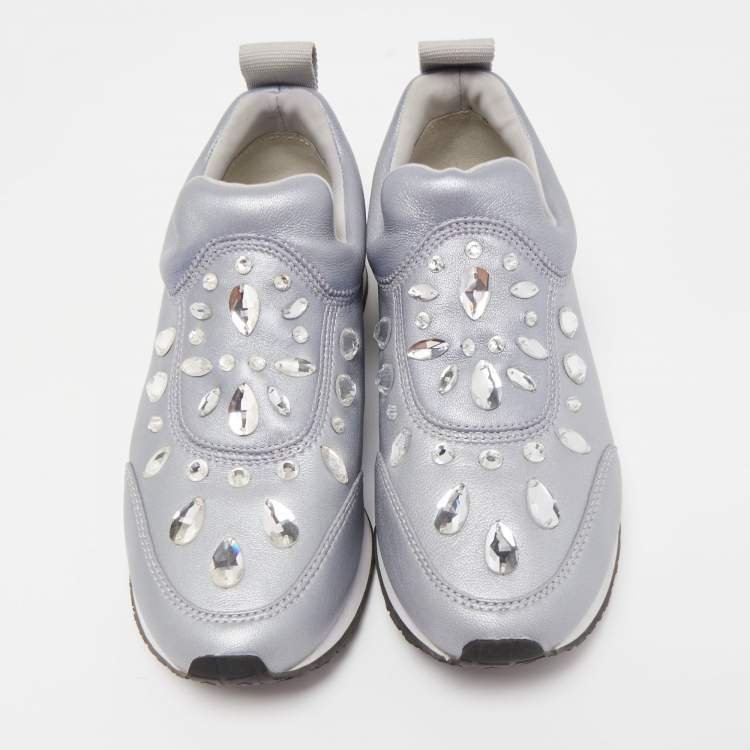 Pre Owned Tory Burch Metallic Grey Leather Laney Crystal Embellished Slip On Sneakers Size 37.5