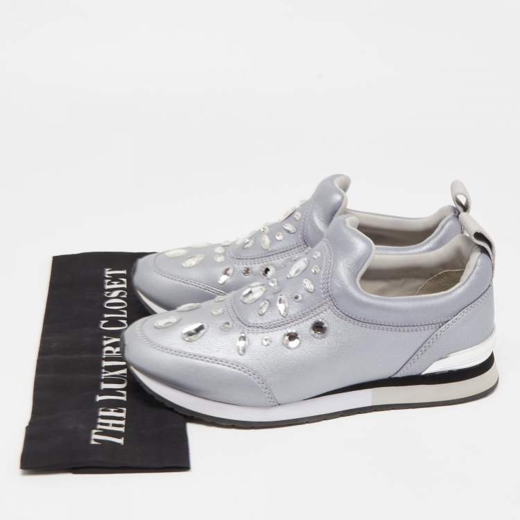 Pre Owned Tory Burch Metallic Grey Leather Laney Crystal Embellished Slip On Sneakers Size 37.5