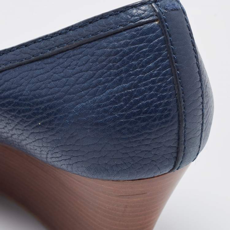 Pre Owned Tory Burch Navy Blue Leather Leticia Wedge Pumps Size 41.5