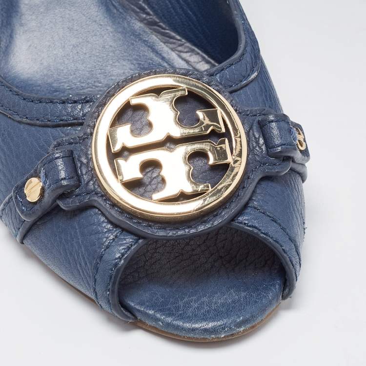 Pre Owned Tory Burch Navy Blue Leather Leticia Wedge Pumps Size 41.5
