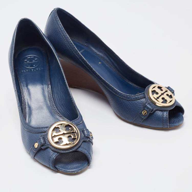 Pre Owned Tory Burch Navy Blue Leather Leticia Wedge Pumps Size 41.5