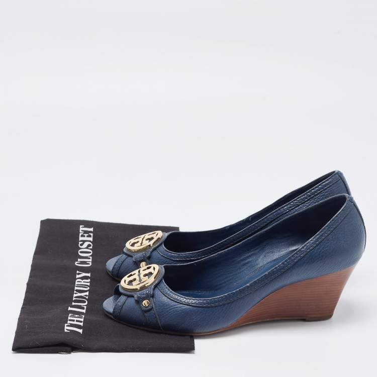 Pre Owned Tory Burch Navy Blue Leather Leticia Wedge Pumps Size 41.5