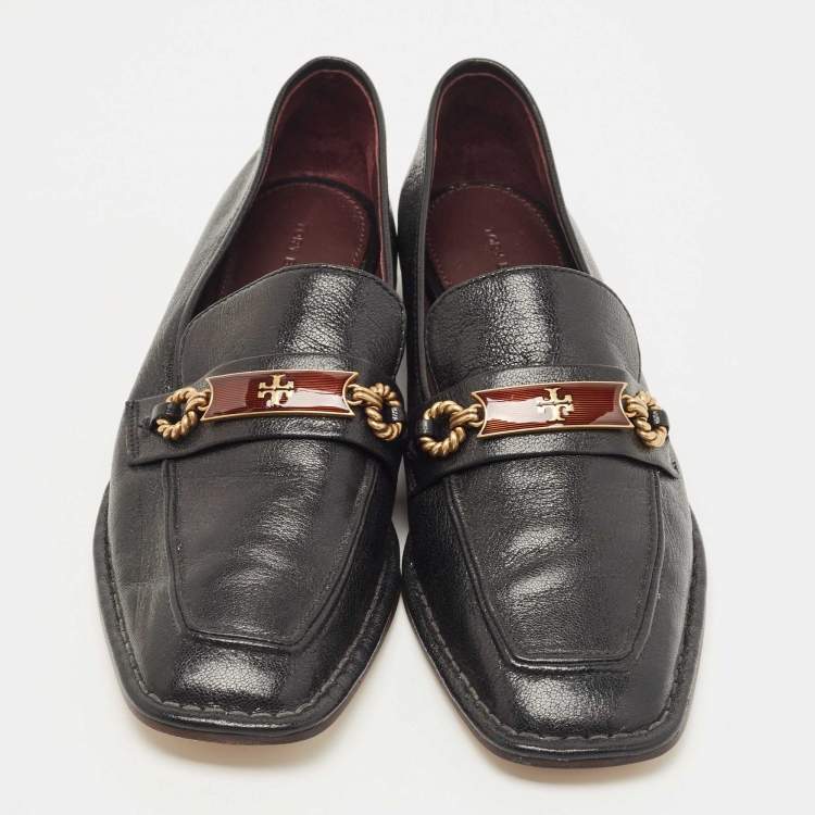 Pre Owned Tory Burch Black Leather Perrine Loafers Size 39