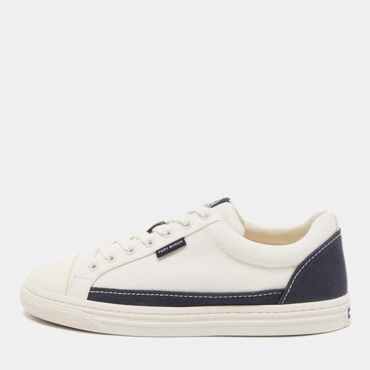 Pre Owned Tory Burch White/Blue Canvas Low Top Sneakers Size 38