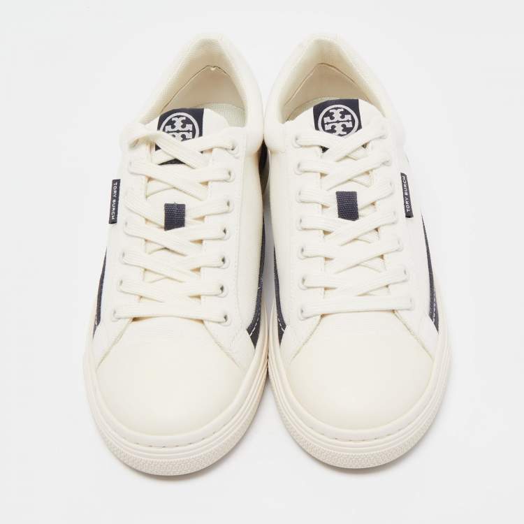 Pre Owned Tory Burch White/Blue Canvas Low Top Sneakers Size 38