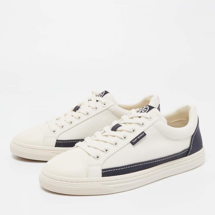 Pre Owned Tory Burch White/Blue Canvas Low Top Sneakers Size 38
