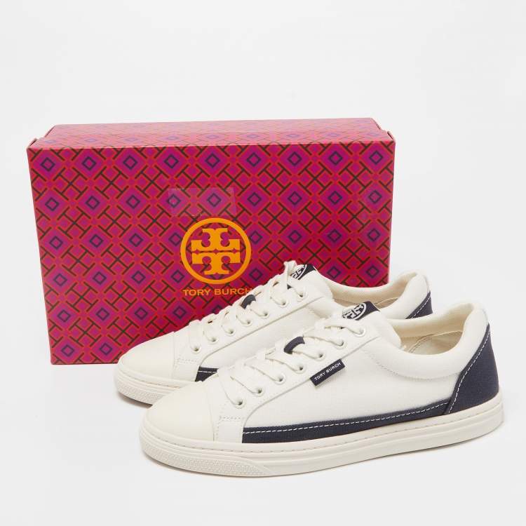 Pre Owned Tory Burch White/Blue Canvas Low Top Sneakers Size 38