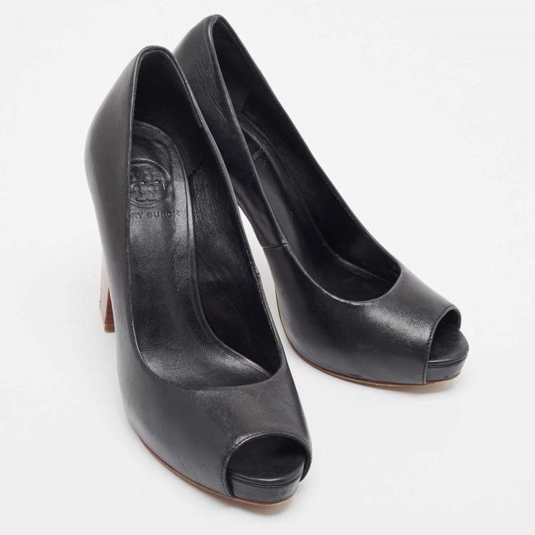 مملوكة مسبقًا Tory Burch Black Leather Cantrelle Peep Toe Platform Pumps  Size 37.5