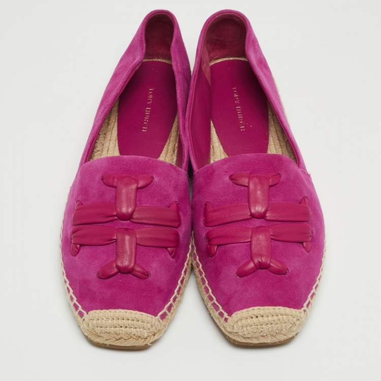 Pre Owned Tory Burch Purple Nubuck Leather Woven Double T Aline Espadrille Flats Size 36.5