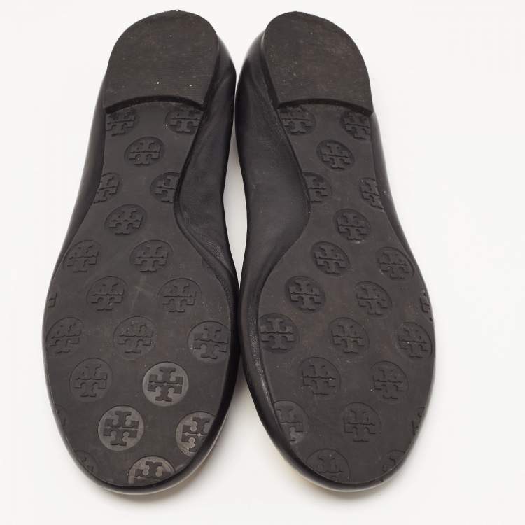 Pre Owned Tory Burch Black Leather Reva Pebbled Logo Ballet Flats Size 38.5